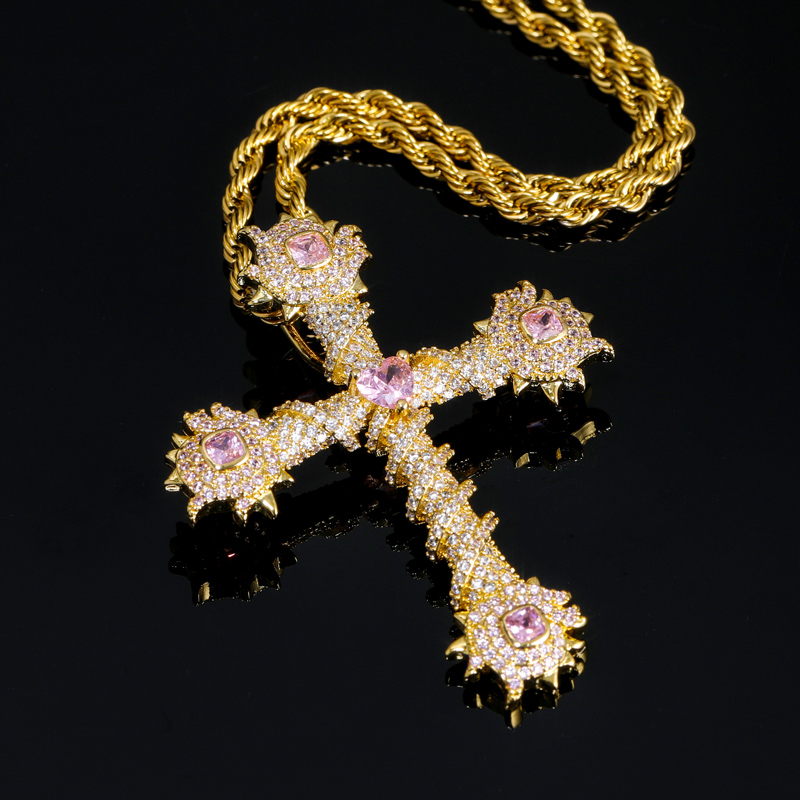 Helloice Iced Pink Heart Cross of Thorns Pendant in Gold