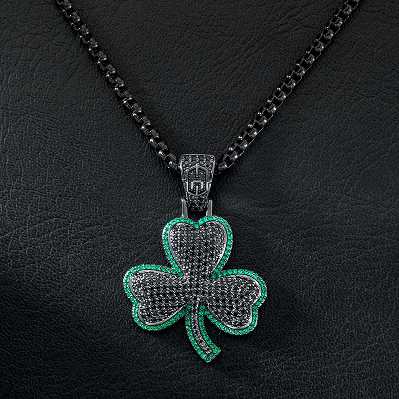 Helloice Iced Emerald & Black Stones Three Leaves Pendant