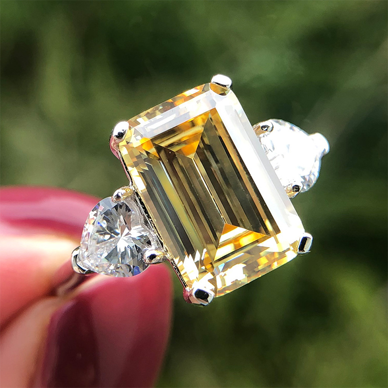 Helloice 3-Stone Emerald Cut S925 Sterling Silver Engagement Ring