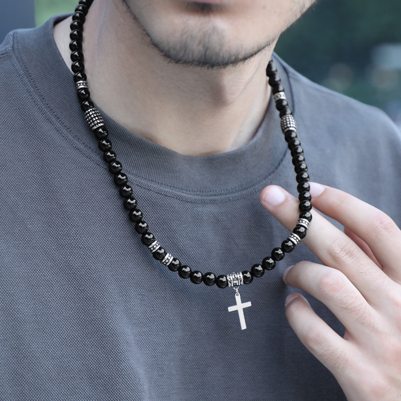 Helloice  Black Obsidian & Stainless Steel Cross Beads Necklace