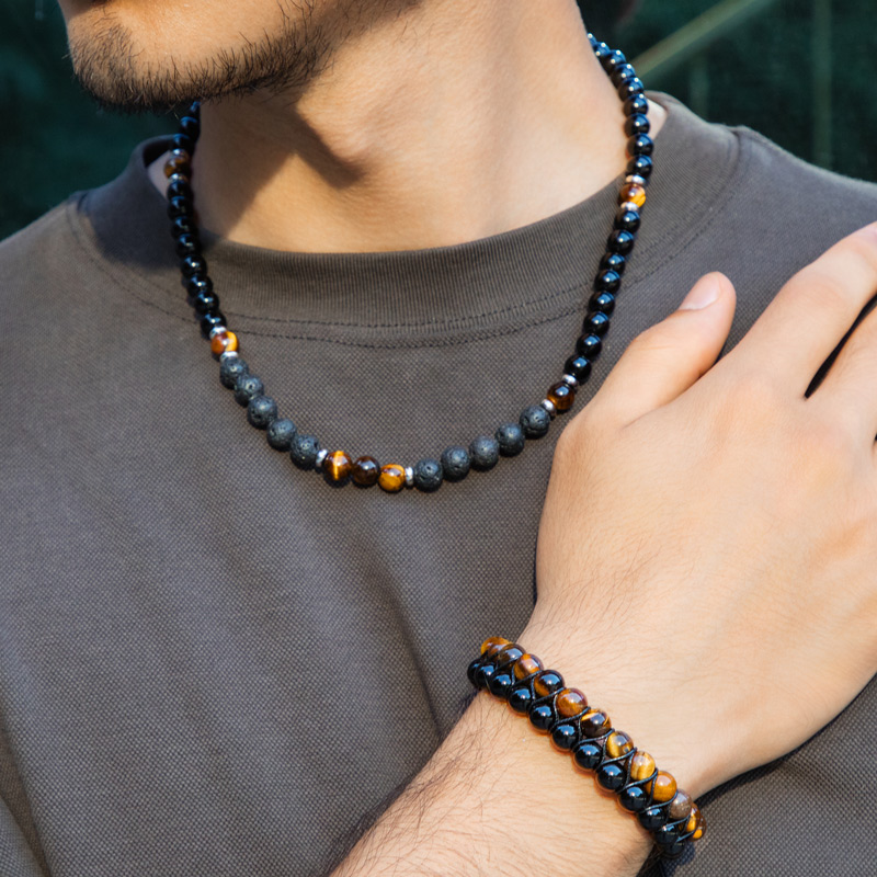 Helloice  Tiger Eye Stones Black Obsidian Double Layered Bracelet & Chain Set