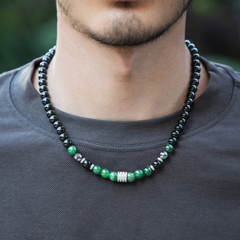 Helloice  Ocean Grass Agate Black Obsidian Healing Stones Energy Necklace