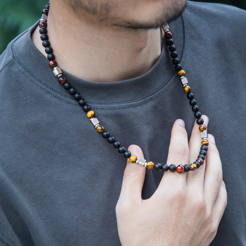 Helloice Evil Eye Tiger Eye Stone Black Obsidian Beads Necklace