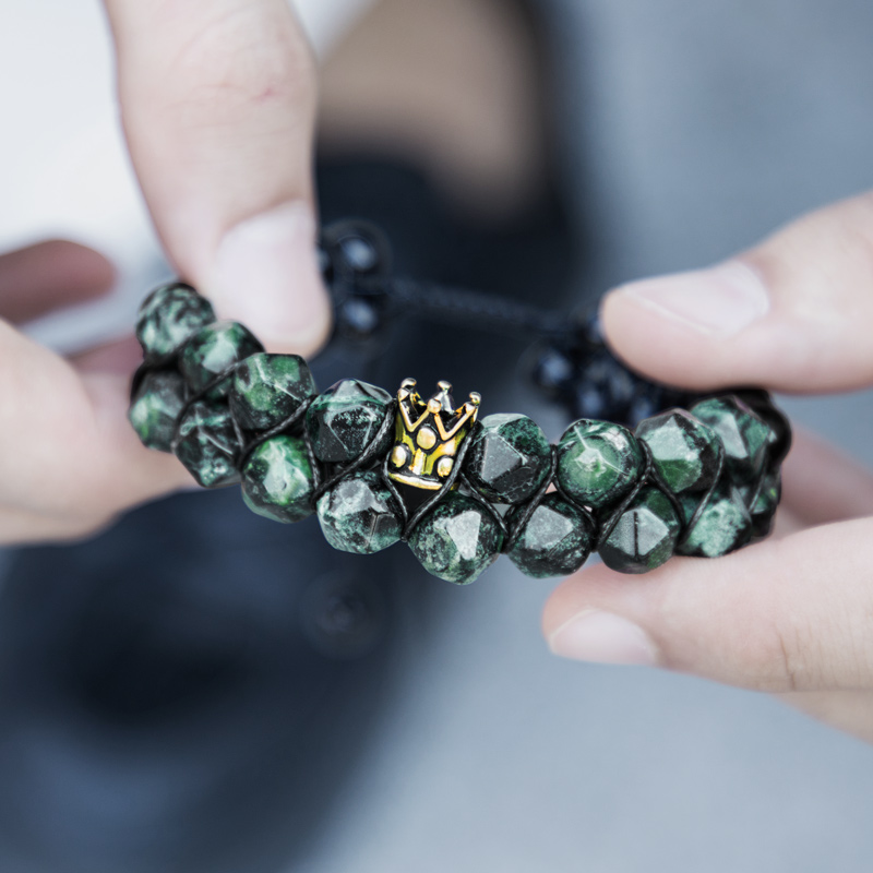 Helloice Green Malachite & Black Obsidian Beads Braided Crown Bracelet