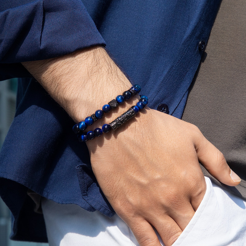 Helloice  2pcs Blue Tiger Eye Beaded Stretch Bracelet