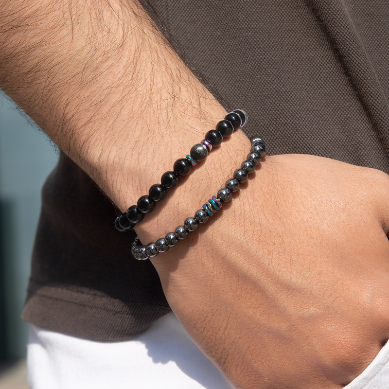 Helloice 2pcs Obsidian Black Gallstone Alabaster Beaded Stretch Bracelet