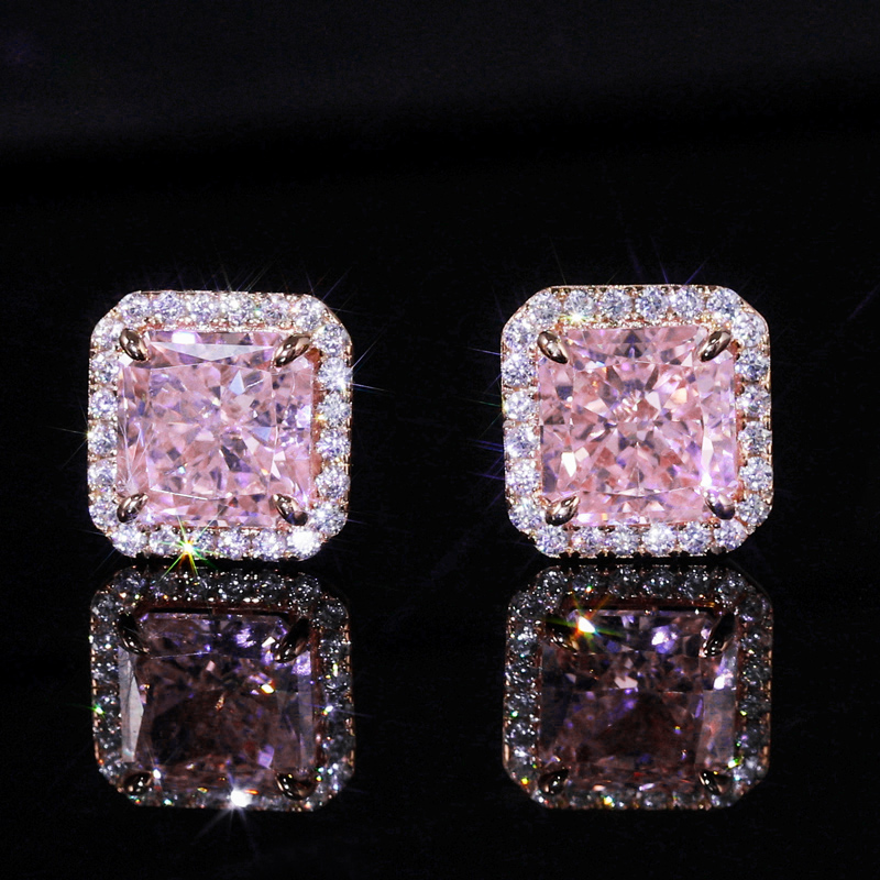 Helloice Pink Radiant Cut Halo S925 Silver Earrings