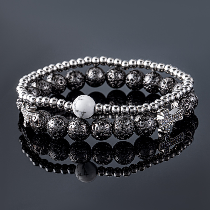 Helloice 2pcs Lava Stones & Steel Beads Stretch Bracelet