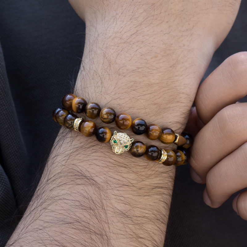Helloice Iced Panther Yellow Tiger Eye Beaded Stretch Wrap bracelet