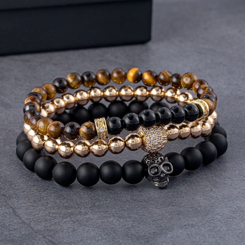 Helloice 3pcs Tiger’s Eye Obsidian Beaded Stretch Bracelet