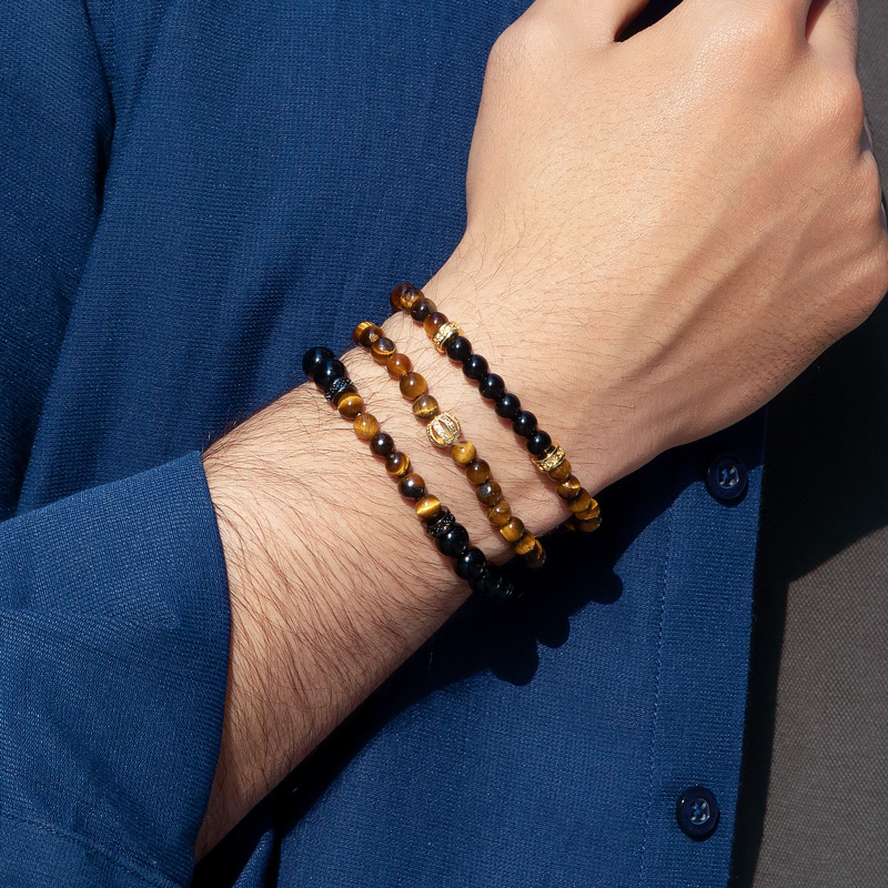 Helloice  3pcs Tiger’s Eye Beaded Stretch Bracelet