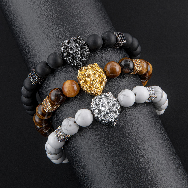 Helloice  Lion Tiger Eye White Turquoise Beaded Adjustable Bracelet