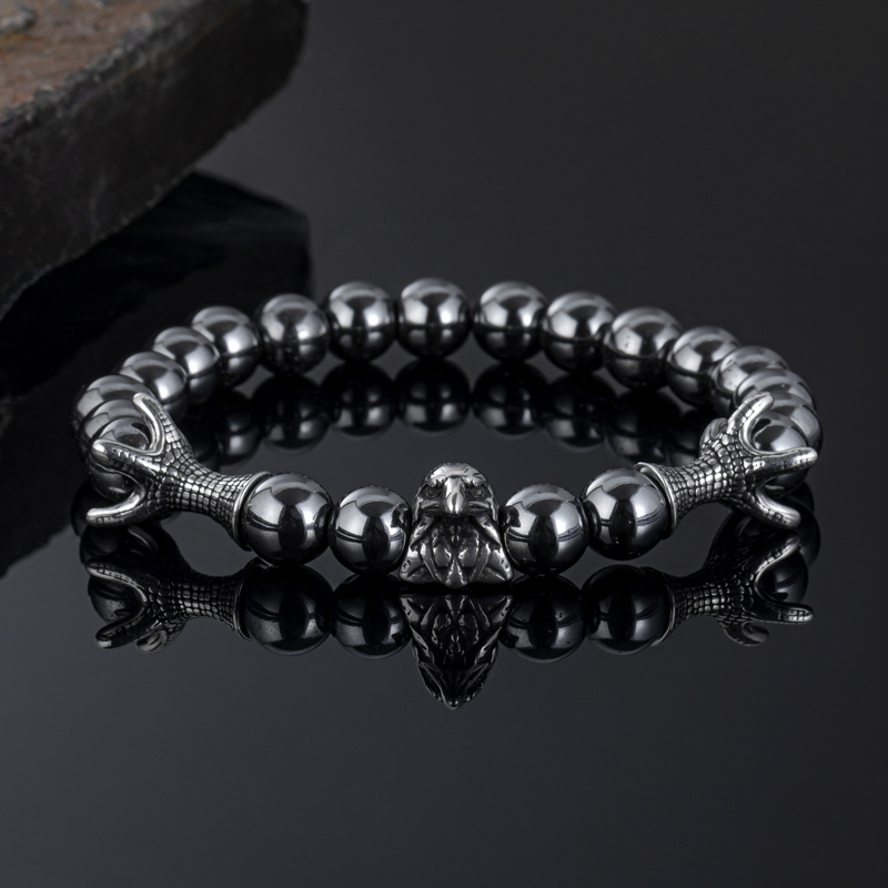 Helloice Eagle Black Gallstone Beaded Stretch Bracelet