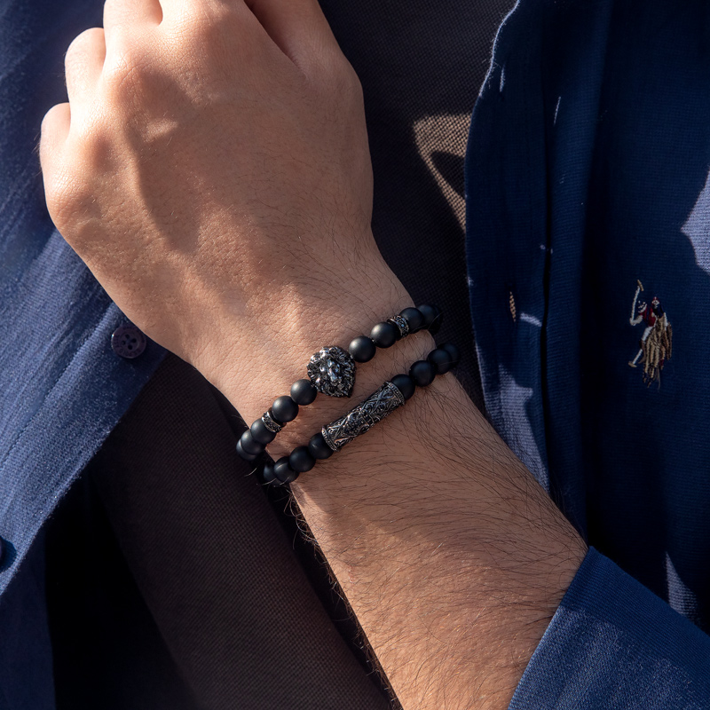 Helloice  2pcs Lion Black Obsidian Beaded Stretch Bracelet