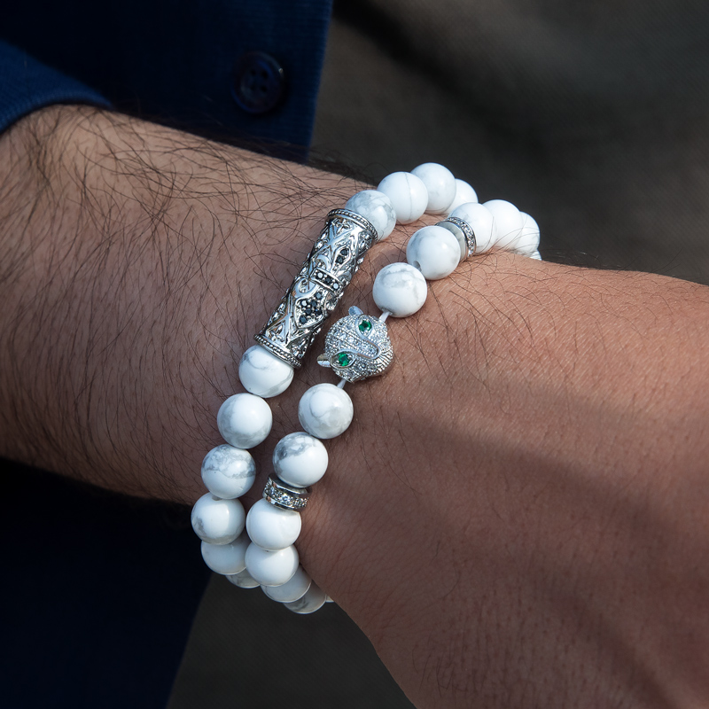 Helloice 2pcs Iced Panther White Turquoise Beaded Stretch Bracelet