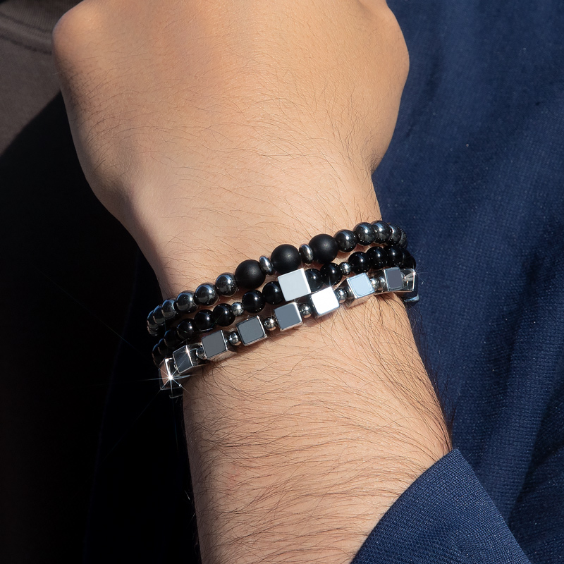 Helloice 3pcs Square Steel Beads Obsidian Black Gallstone Beaded Stretch Bracelet