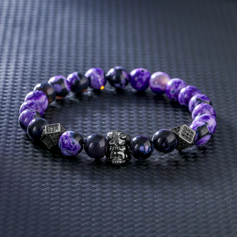 Helloice  Satanic Purple Fire Agate Beaded Stretch Bracelet