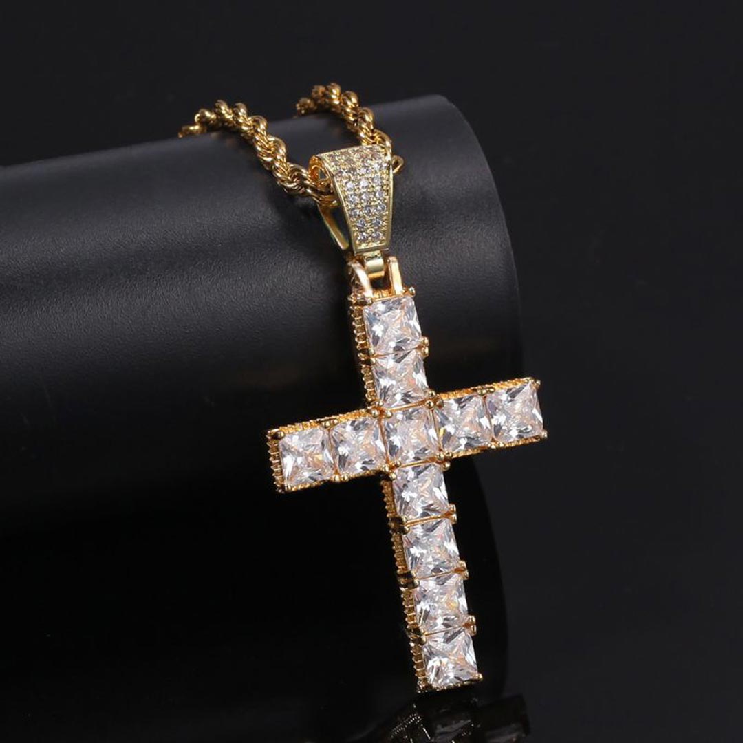 Helloice Iced Princess Cut Cross Pendant in Gold