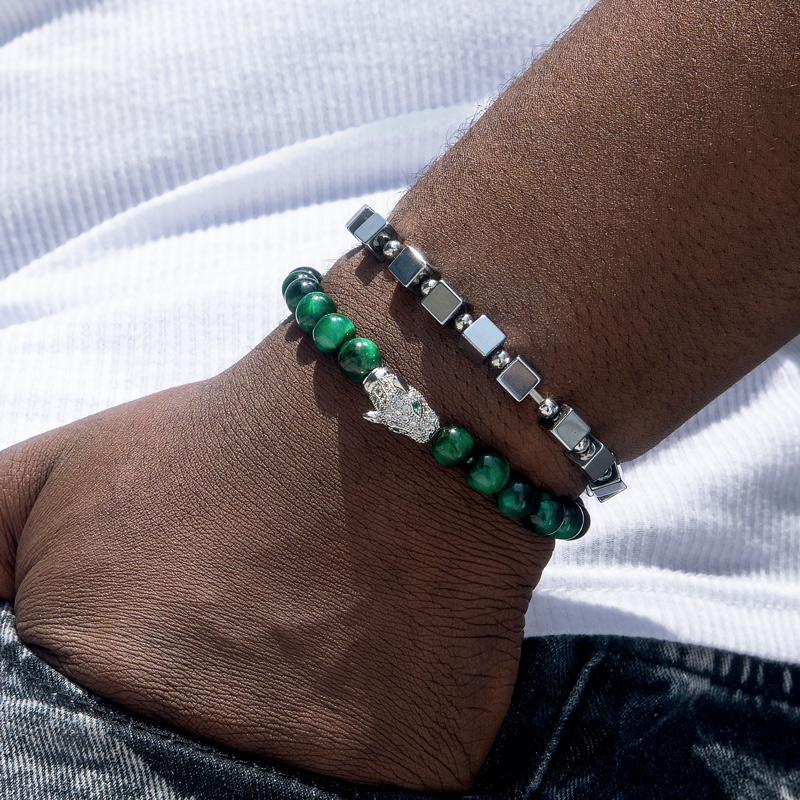 Helloice 2pcs Iced Panther Green Tiger Eye Beaded Stretch Bracelet