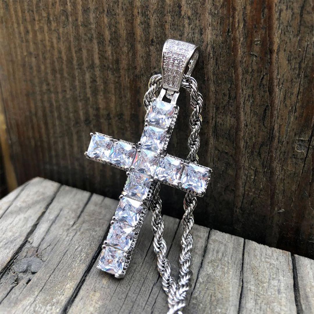 Helloice Iced Princess Cut Cross Pendant in White Gold
