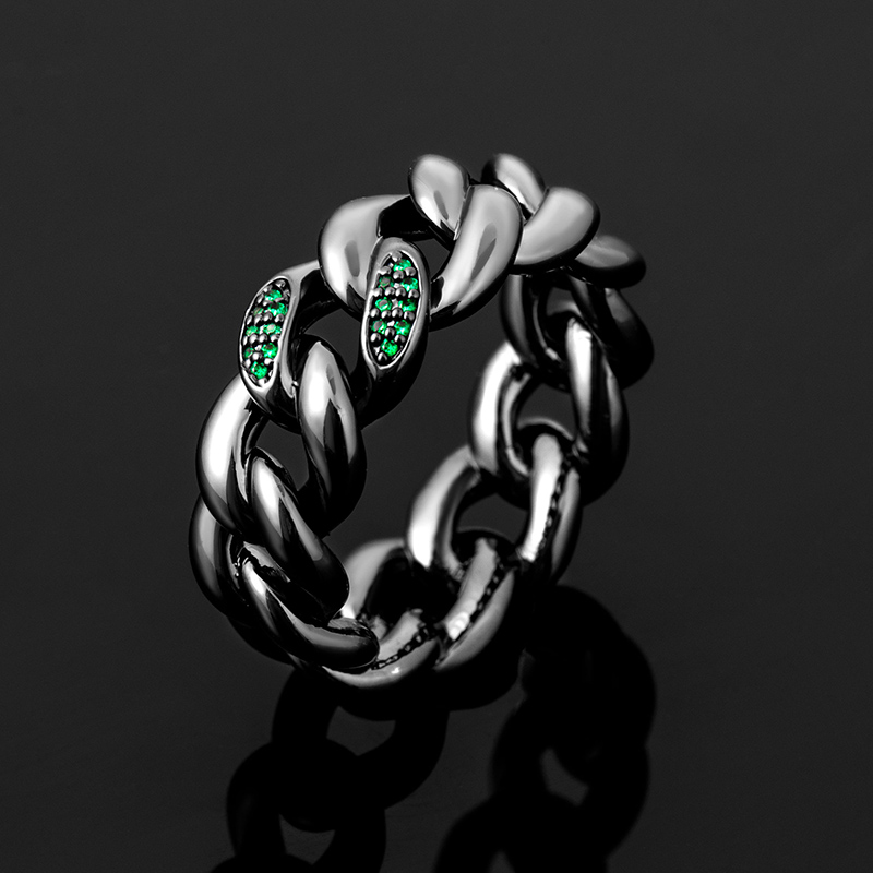 Helloice 8mm Emerald Stones Cuban Band Ring in Black Gold