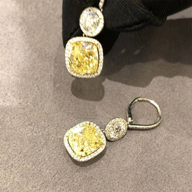 Helloice White Round Cut & Fancy Yellow Cushion Cut Halo Earring in Sterling Silver