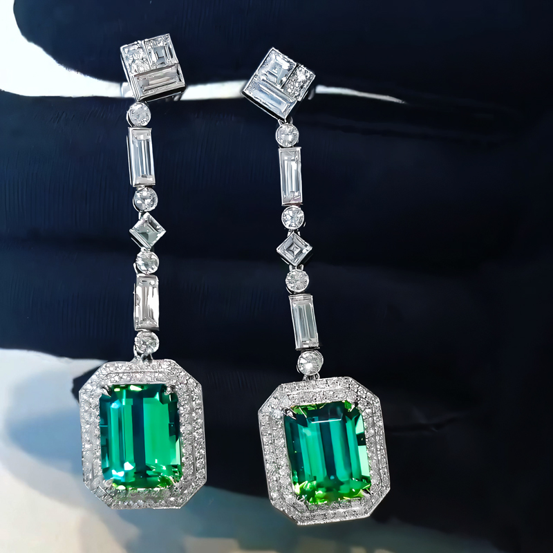 Helloice Luxurious Green Emerald Cut Halo Drop Earring in Sterling Silver