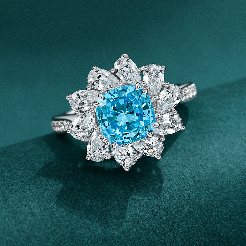 Helloice Ocean Blue Cushion Cut Sunflower Ring