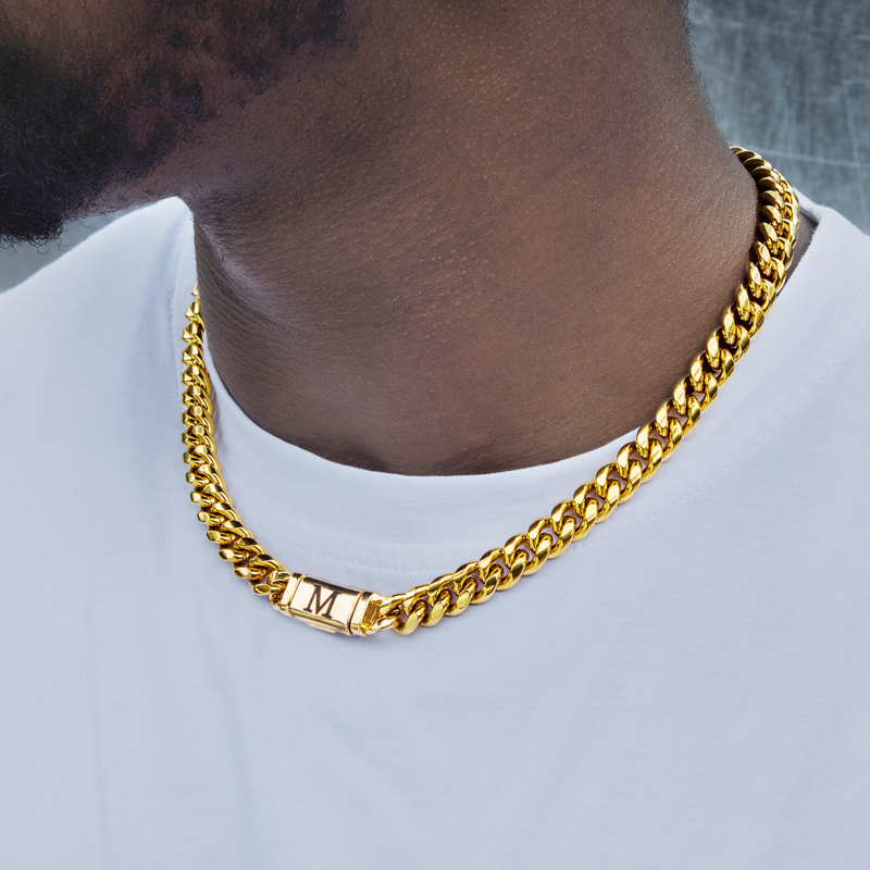 Helloice 10mm 20" Miami Initial Letter Cuban Link Chain in 18K Gold Plated