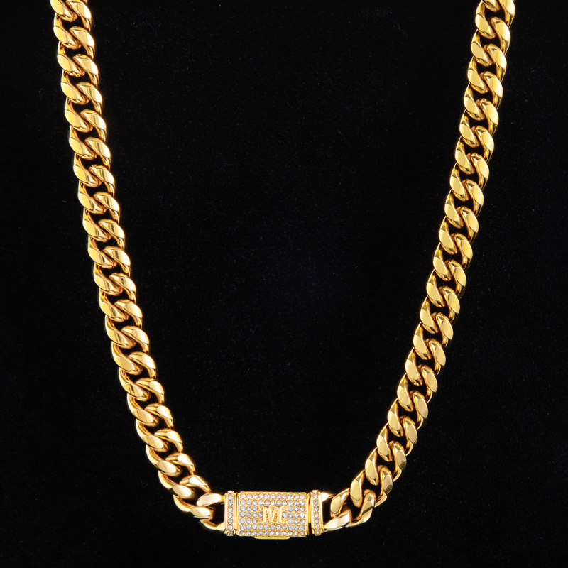 Helloice 10mm 20" Iced Initial Letter Stainless Steel Cuban Chain in 18K Gold Plated
