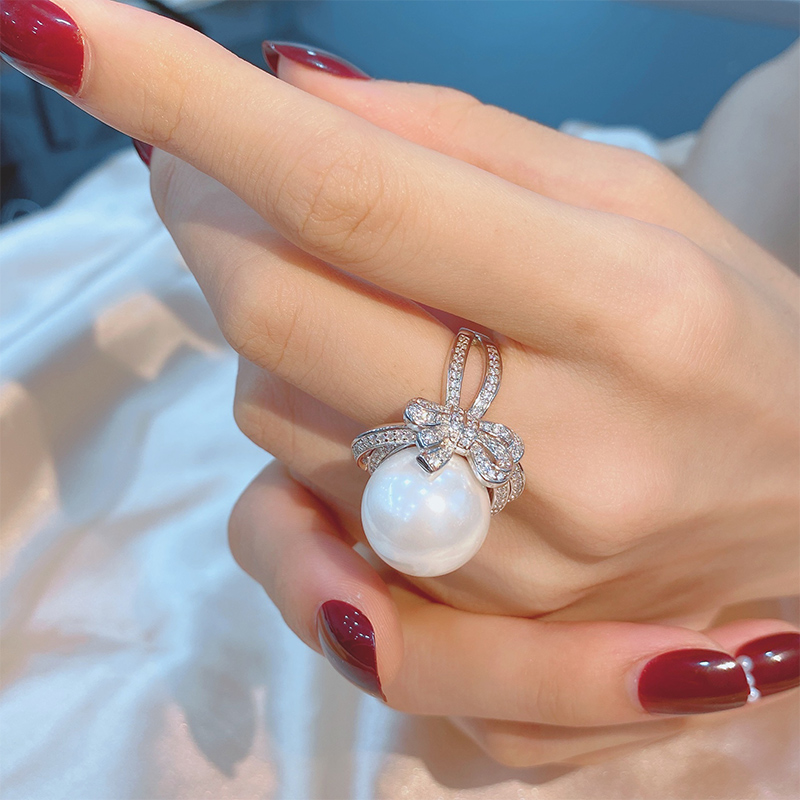 Helloice Elegant Pearl & Bow Knot Sterling Silver Engagement Ring