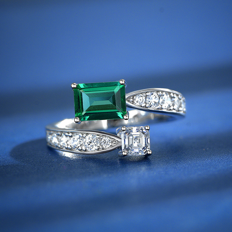 Helloice Micro Paved Emerald & Asscher Cut Open Ring in Sterling Silver