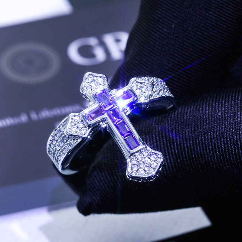 Helloice  Iced Purple/White Baguette Cut Cross Ring