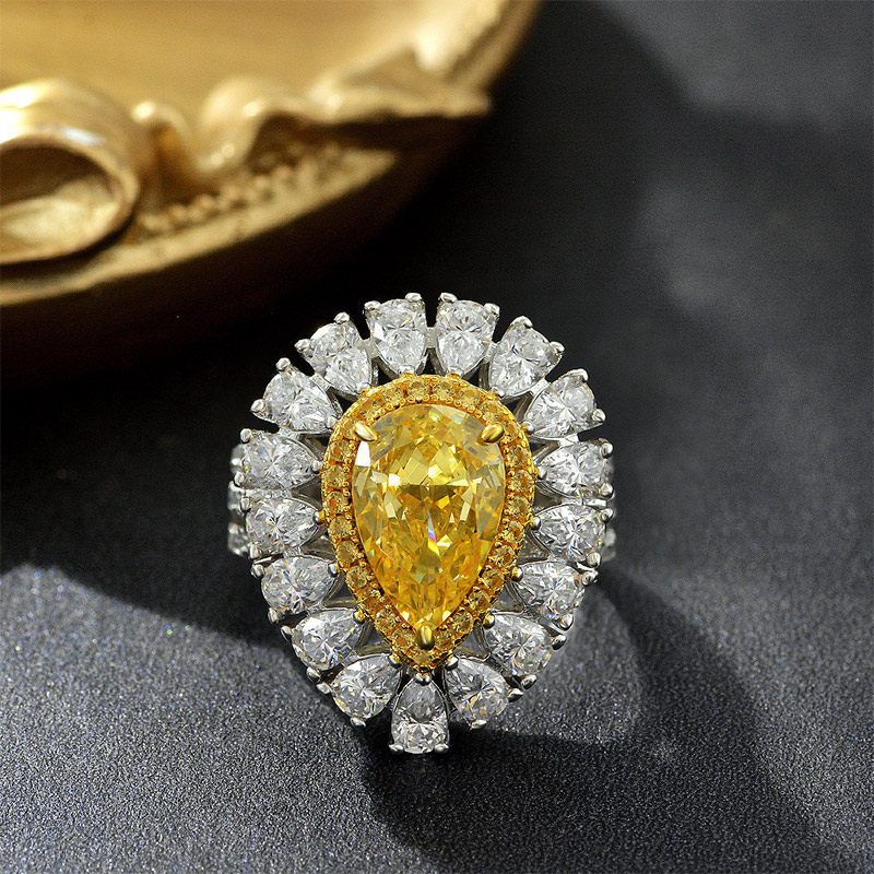 Helloice Luxury Fancy Yellow/Pink Pear Cut Halo Ring in Sterling Silver