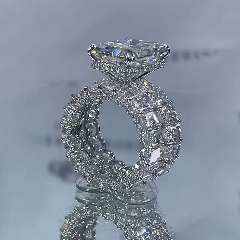 Helloice Micro Pave Radiant Cut 925 Sterling Silver Engagement Ring Set