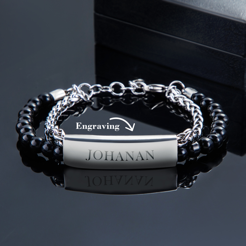 Helloice Engraved Obsidian Stainless Steel Beads Bracelet