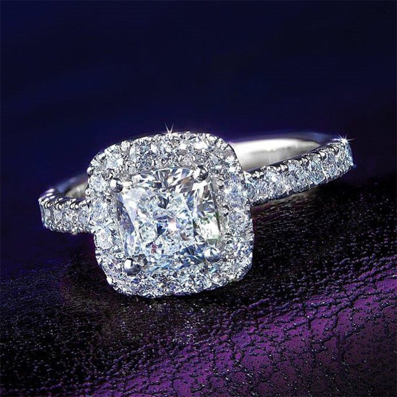 Helloice Iced Cushion Cut 925 Sterling Silver Engagement Ring