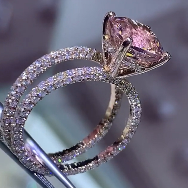 Helloice Sparkling Pink Cushion Cut Halo Engagement Ring Set in 18K Rose Gold Plated