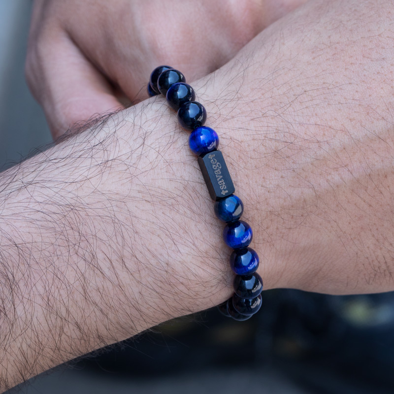 Helloice Personalized Engravable Blue Tiger Eyes Adjustable Bracelet
