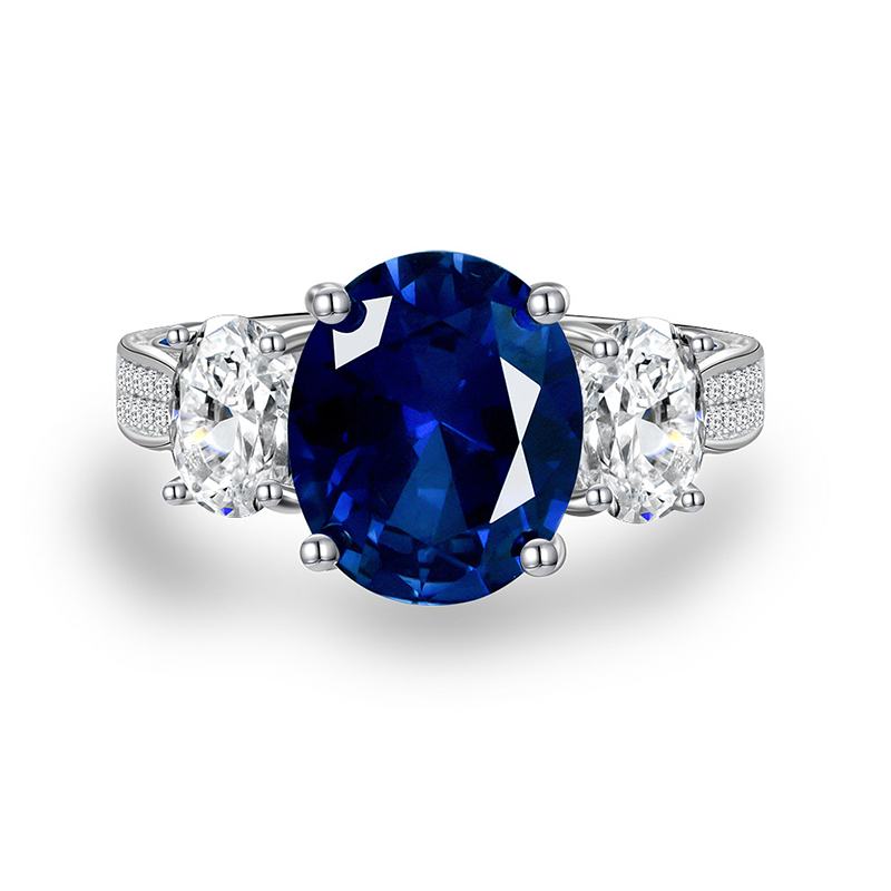 Helloice Three-Stone Sapphire Oval Cut Ring in S925 Sterling Silver