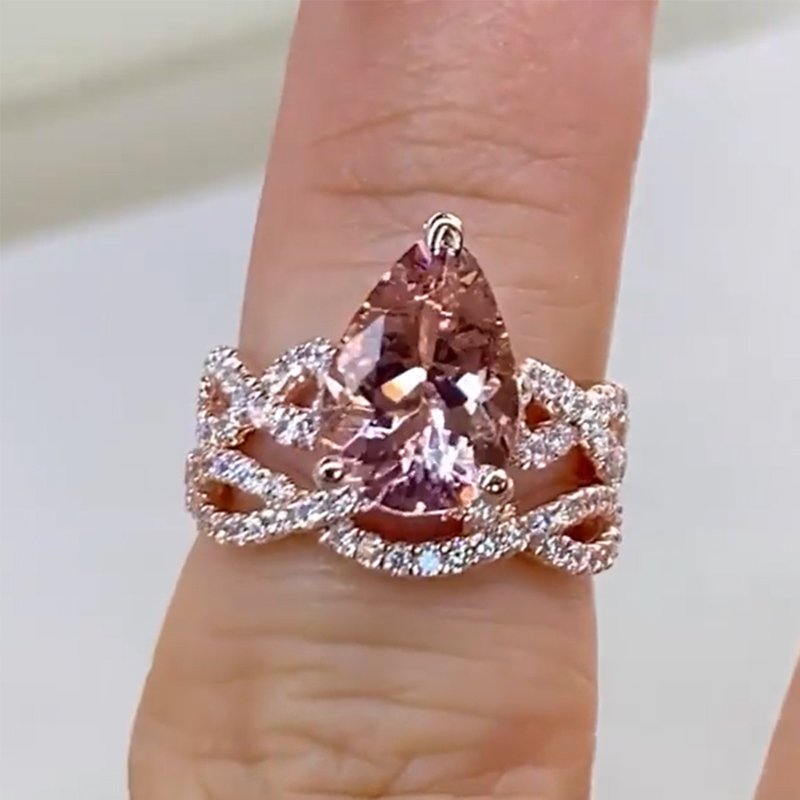Helloice Elegant Morganite Halo Pear Cut S925 Silver Twist Ring Set in 18K Rose Gold Plated