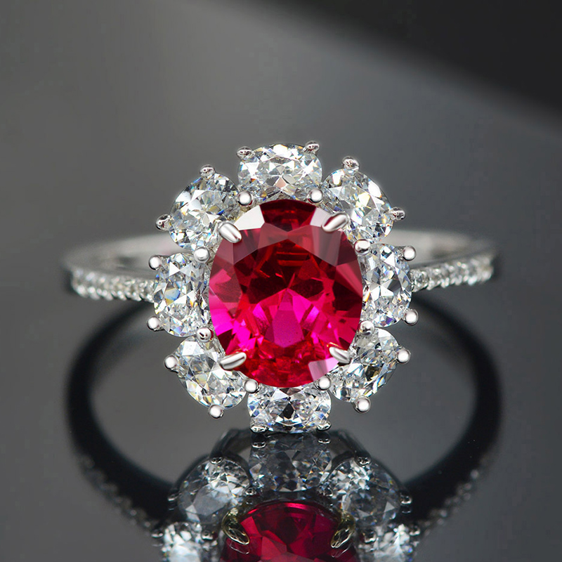 Helloice Ruby Oval Cut Halo Engagement Ring