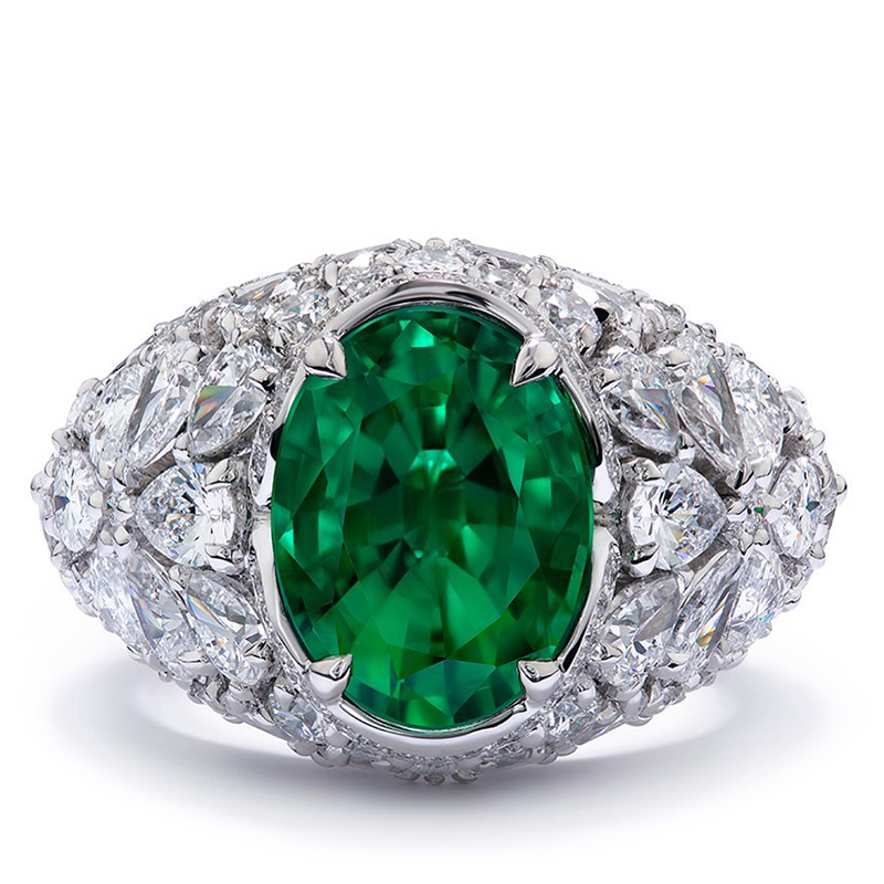 Helloice Emerald Oval Cut & White Pear Cut Engagement Ring in Sterling Silver