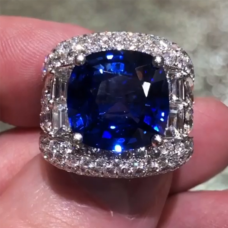 Helloice Opulent Iced Sapphire Cushion Cut Sterling Silver Engagement Ring