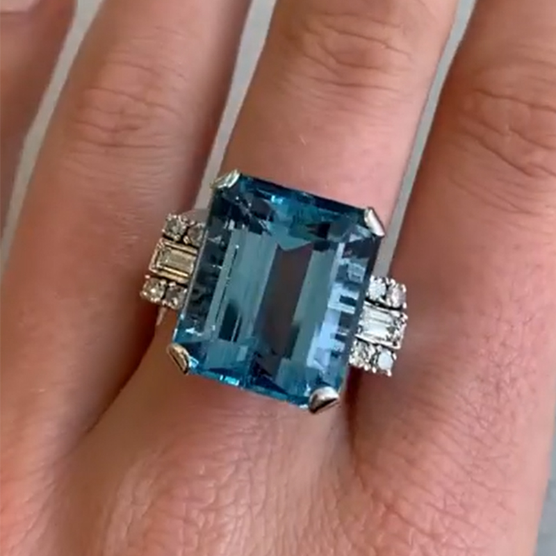 Helloice Blue Sapphire Emerald Cut Engagement Ring