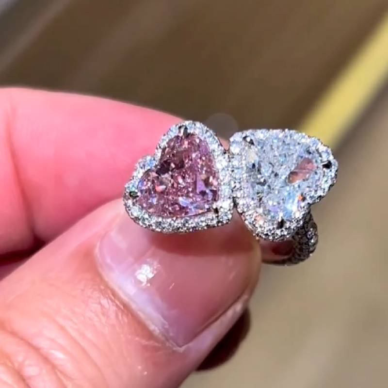 Helloice Double Heart Halo Sterling Silver Engagement Ring
