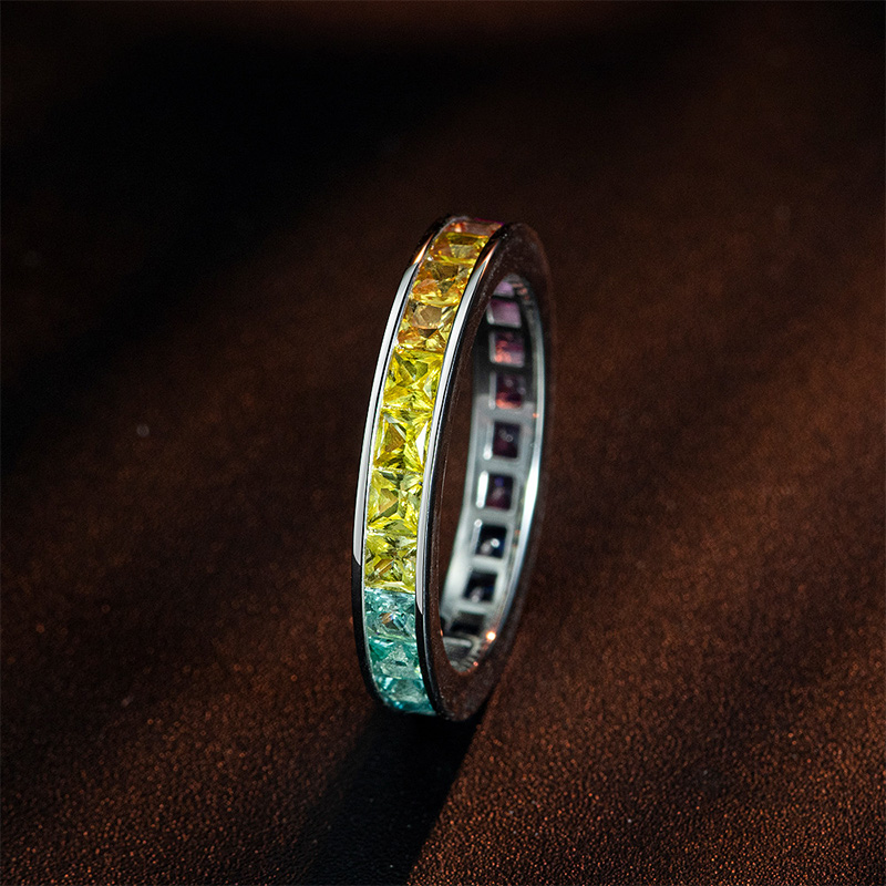 Helloice Eternity Rainbow Princess Cut Ring in 925 Sterling Silver