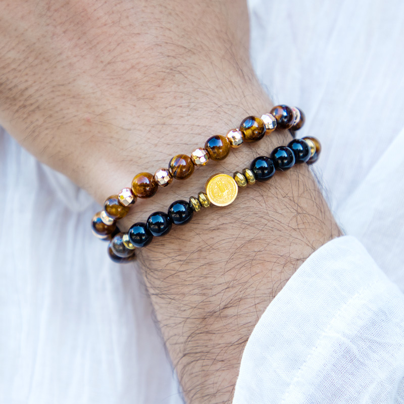 Helloice 2pcs St. Benedict Medal Tiger Eye Stone & Black Obsidian Stretch Bracelet