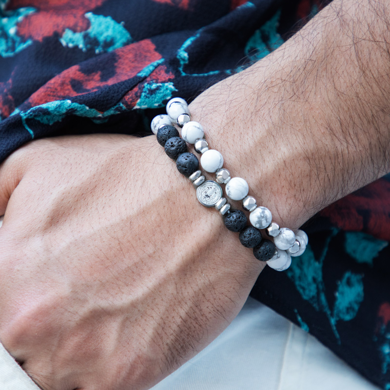 Helloice 2pcs St. Benedict Medal White Turquoise & Volcanic Beads Stretch Bracelet