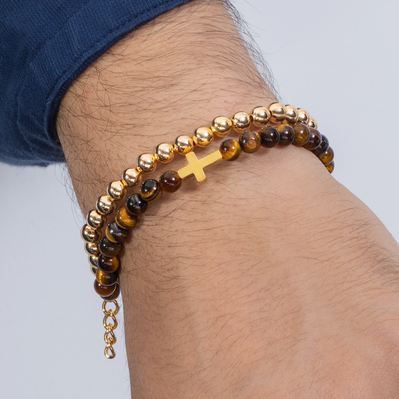 Helloice Tiger Eye Stone Beads Double Chain Cross Bracelet